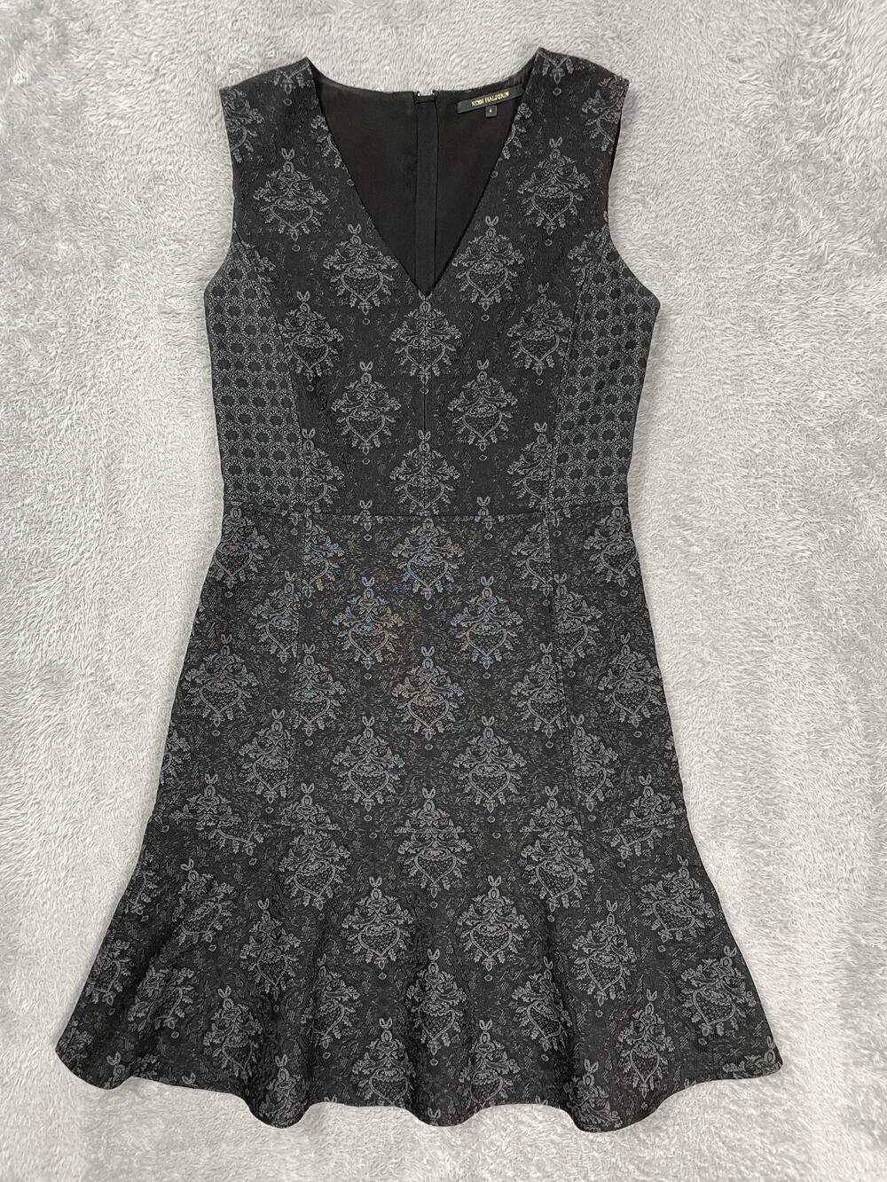 Kobi Halperin Fit & Flare Dress Womens 6 Black Floral Jacquard V Neck Lined